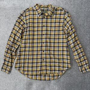 Eddie Bauer Shirt Mens XL Yellow Navy Plaid Flannel Button Up Relaxed Fit Cotton